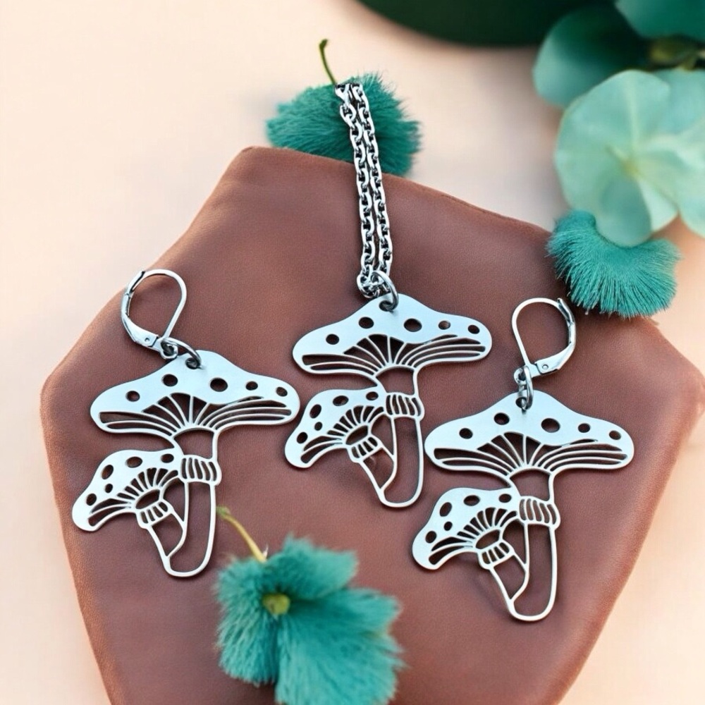🆕 Mushrooms Laser Cut Necklace and Earrings Set Stainless Steel